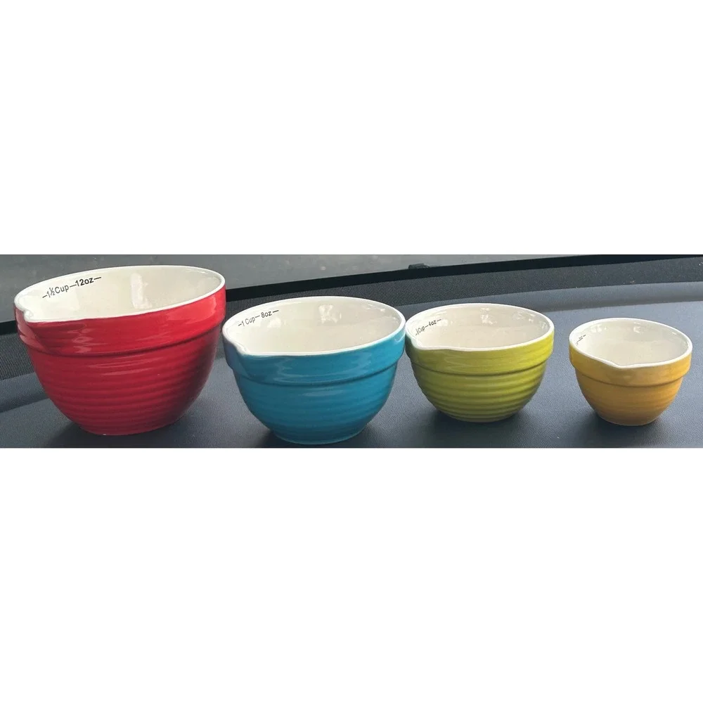 Creative Co-Op Stoneware Nesting Measuring Cup Set 4 Piece Multicolor Ribbed